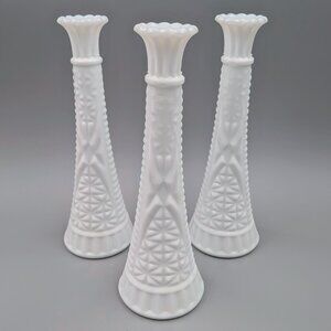 Set of 3 Midcentury Milk Glass Bud Vases – Anchor Hocking 9" Stars & Bars